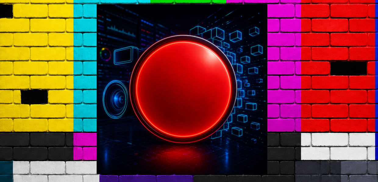REC(over) visual identity with a red recording button and digital video structures